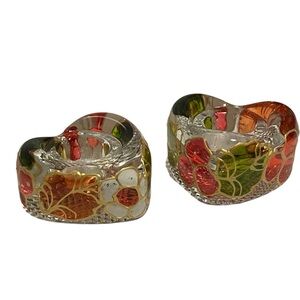 Handpainted Floral Heart Shaped Glass Candle Holders Lot of 2